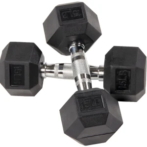 Rubber Encased Hex Dumbbells – 15 LB Pair with Knurled Chrome Handles for Strength Training